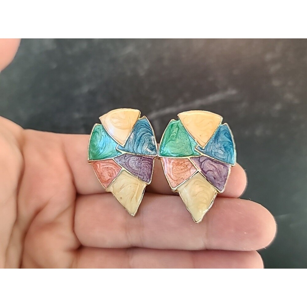 Multicolored Enamel Clip-on Earrings Vintage Costume Jewelry